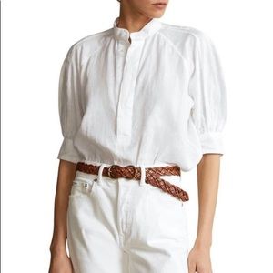 Polo Ralph Lauren Cici 1/2-Sleeve Collared Linen Blouse, White Size 8